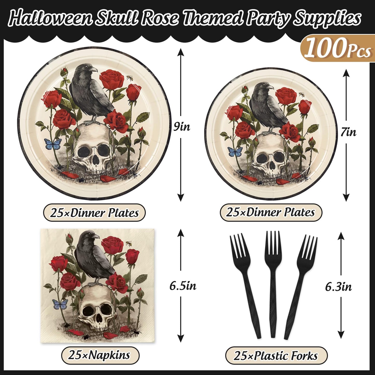 JarThenaAMCS Halloween Party Supplies Kit Serves 25 Skull Rose Paper Plates Napkins Plastic Forks for Birthday Party Tableware Supplies, 100Pcs