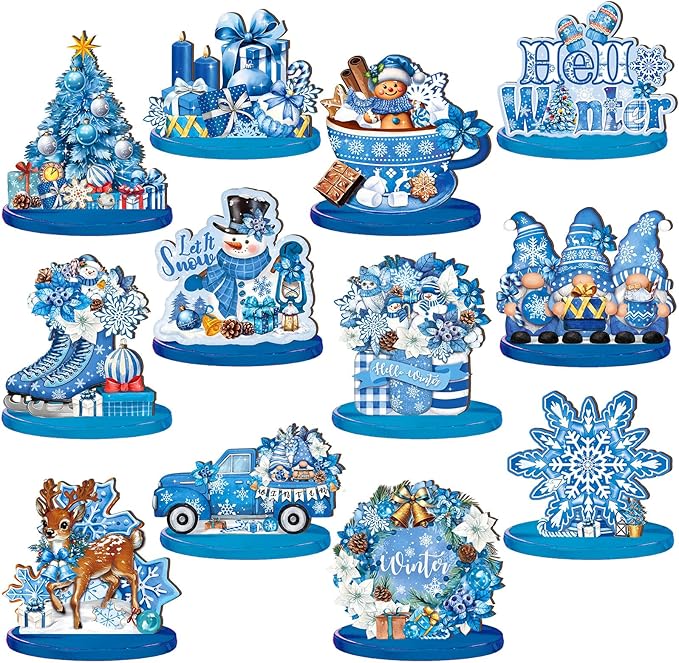 Wesiti 12 Pcs Winter Snowflake Table Decorations Wooden Centerpiece for Table Blue White Snowflake Snowman Gnomes Tabletop...