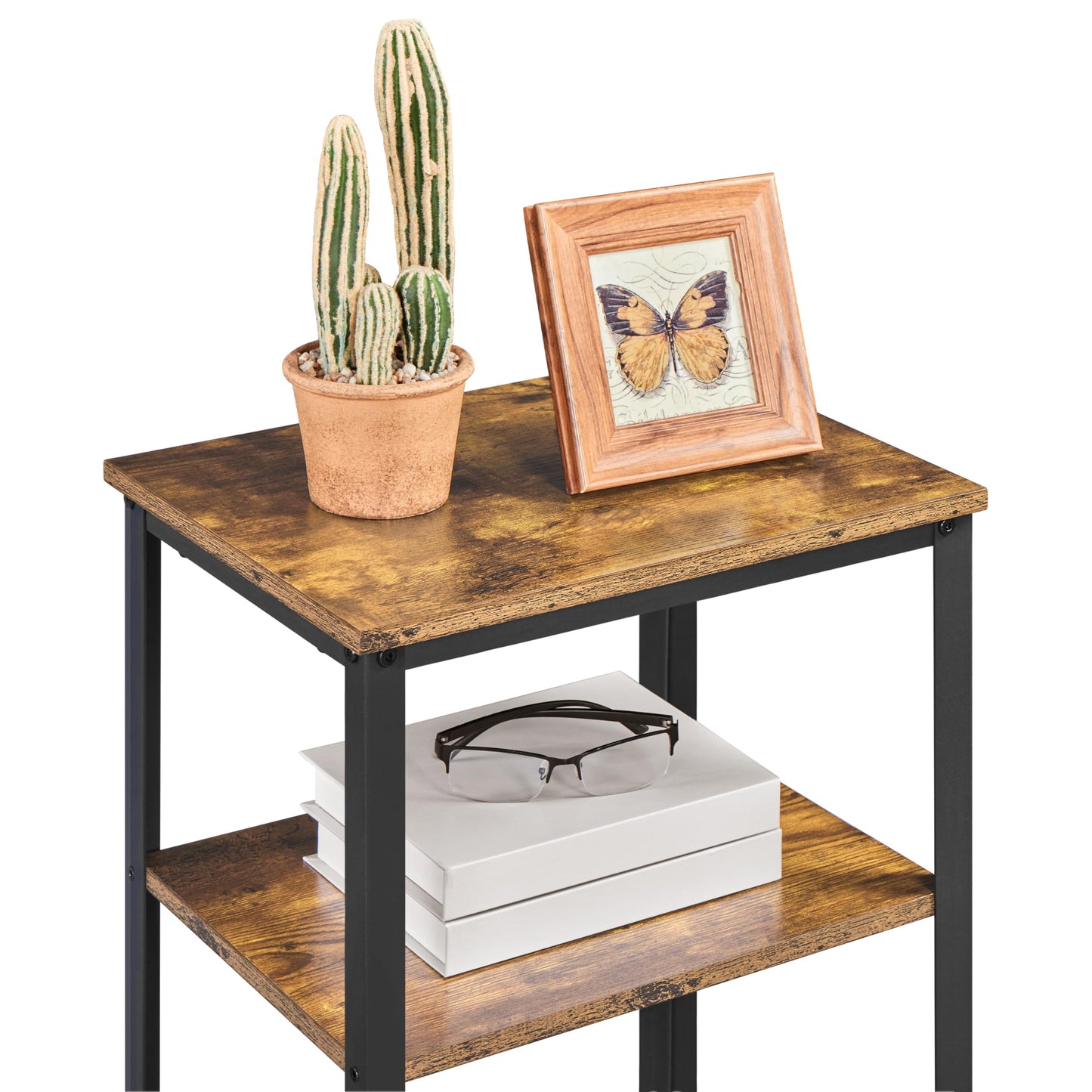 Yaheetech Large 3-Tier Tall End Table, 30 Inches High Side Table with Wooden Shelves & Strong Metal Frame for Living Room Small Space, 12 x 16 x 29.5 inches，Rustic Brown