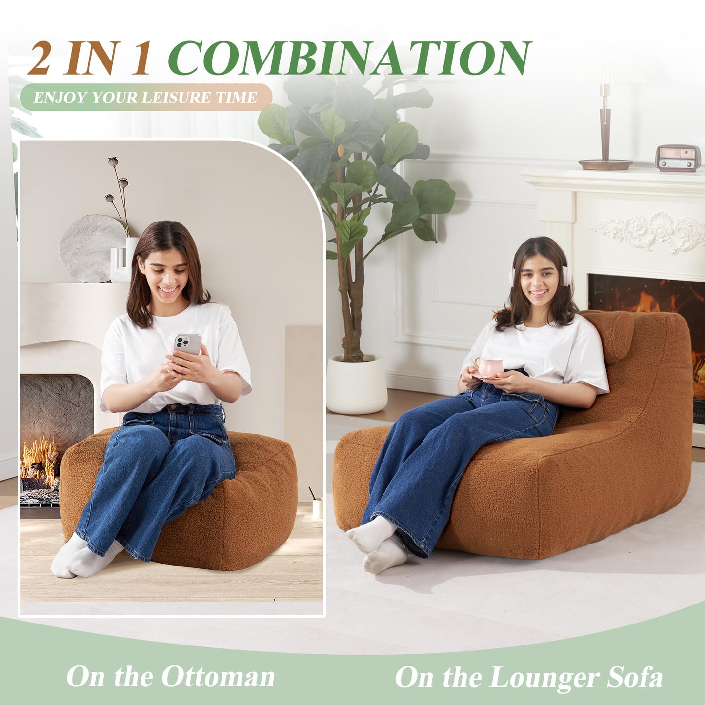 HABUTWAY Giant Bean Bag Chairs for Adults with Ottoman&Storage Pocket, Big BeanBag Chair Large Bean Bag Couch with Memory Foam Filled, Soft Faux Fur Bean Bag Sofa for Living Room(TEDDYBROWN)