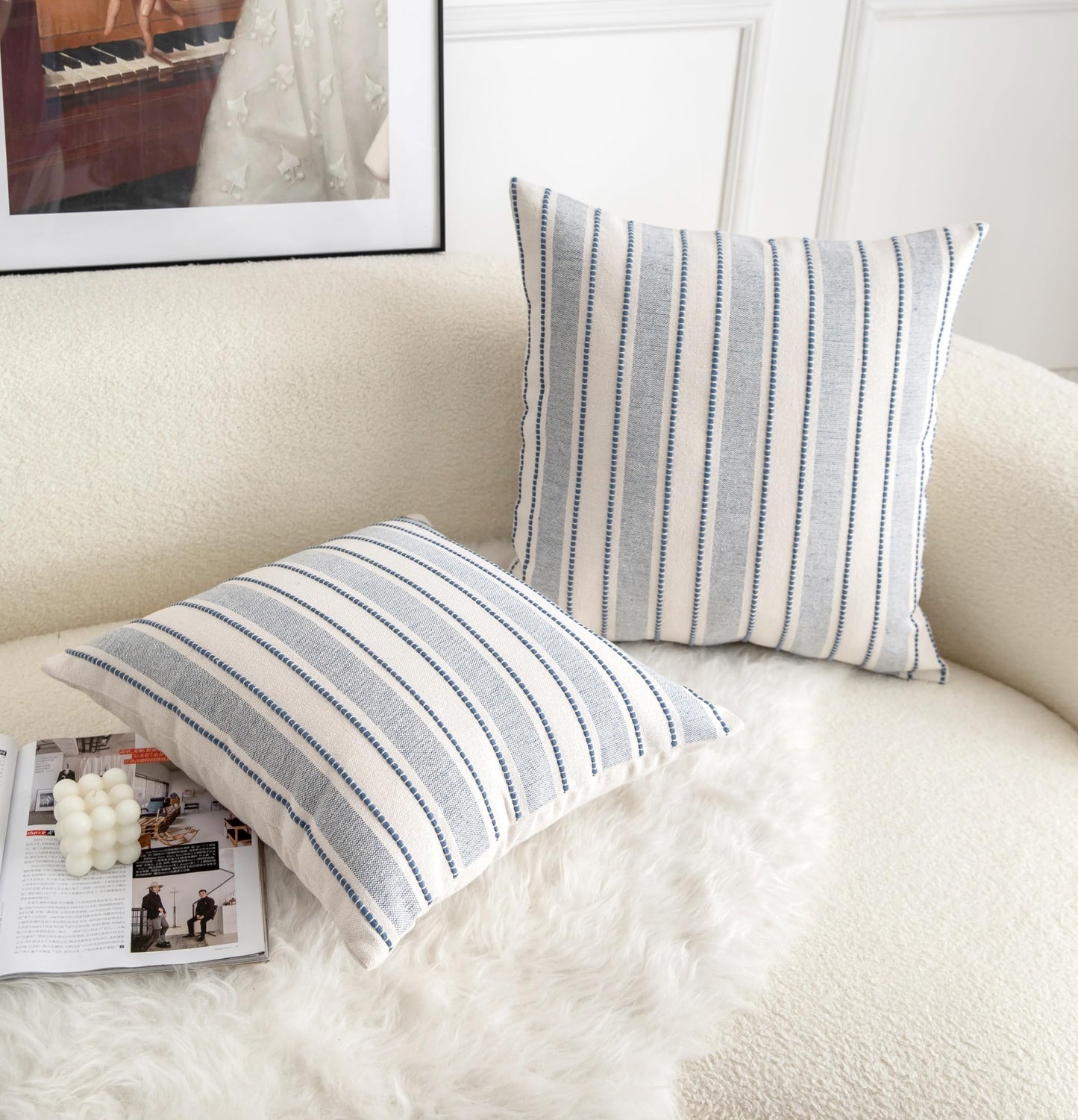 Cethom Decorative Boho Throw Pillow Covers, Farmhouse Textured Pillow Case, 20 x 20 Inch Set of 2, Chair Sofa Bedroom Living Room Home Decor Couch Cushion Case, Classic Blue and Beige Striped
