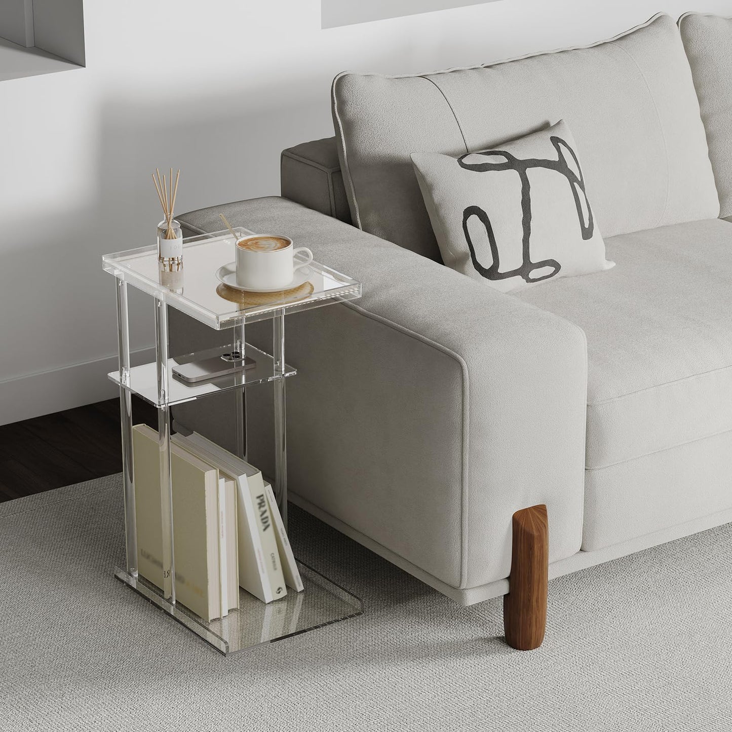 HMYHUM 3-Tier Acrylic Rattan Side Table for Small Spaces, Clear C Shaped End Table for Couch, Living Room, Bedroom, 15.5''L x 11.6''W x 25''H, Modern
