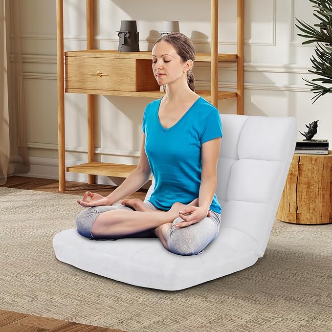 MAT EXPERT 14-Position Floor Chair, Floor Gaming Chair w/Soft Coral Fleece, Alloy Steel Frame, Padded Lazy Couch Recliner, Floor Chair w/Back Support for Reading, Meditating (White)