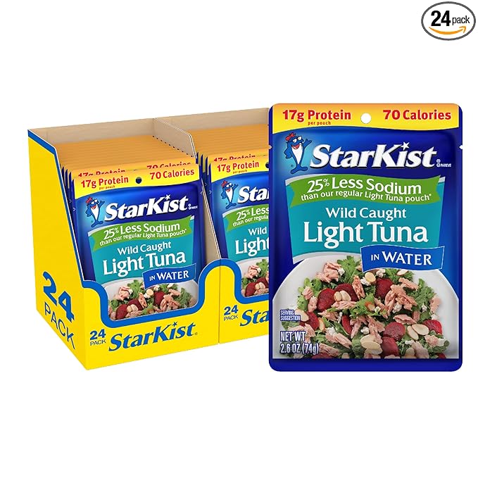 StarKist Reduced Sodium Chunk Light Tuna in Water, 2.6 oz Pouch (24 Pack) Ready to Eat Wild Caught Tuna, 17g Protein, Glut...
