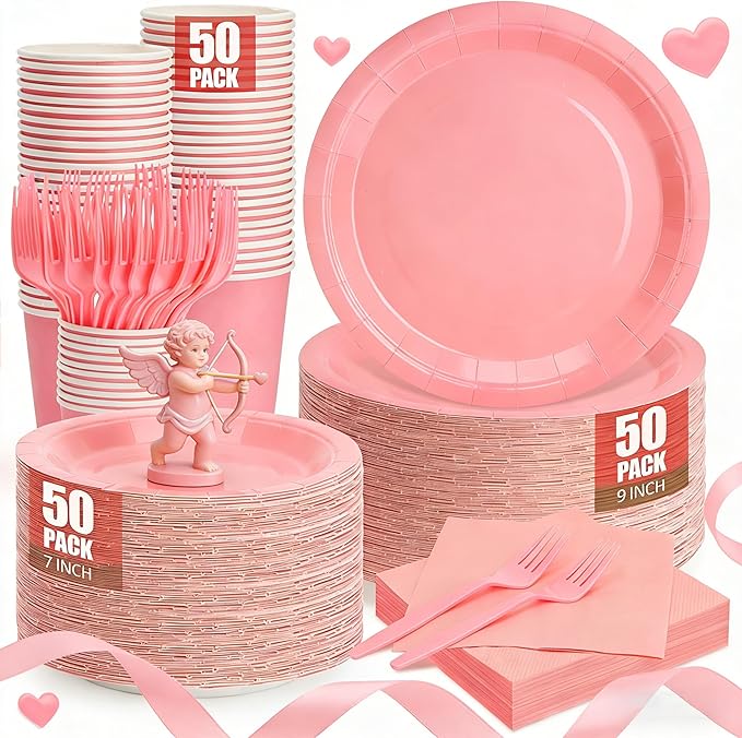 CENLBJ Pink Paper Plates and Napkins, Disposable Party Supplies, 50 of Each 9’’ Pink Plate, 7’’ Dessert Plates Napkins Cup...