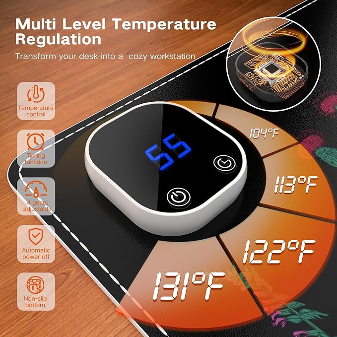 iCasso Heated Mouse Pad, XL Big Aesthetic Desk Pad with 4 Heating Levels & 4 Auto Shut-Off Levels for Computer Keyboard, 31.5" x 13" Large Safe Desk Mat Hand Warmer for Home Office Work (Weeds)