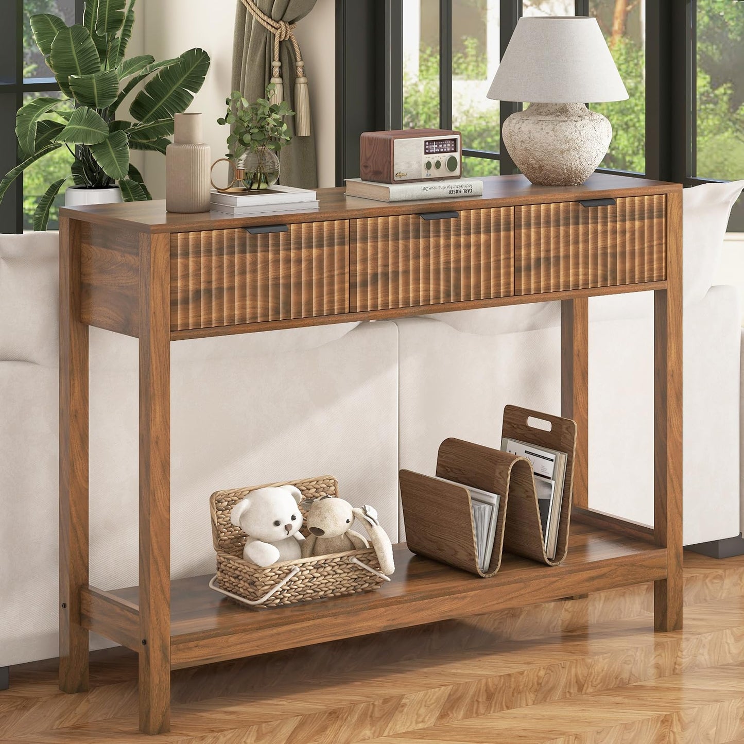 Nasonet Fluted Console Table, Wooden Sofa Table with Storage and Drawers, Farmhouse Behind Couch Table Entryway Table for Entrance, Hallway, Living Room, Brown
