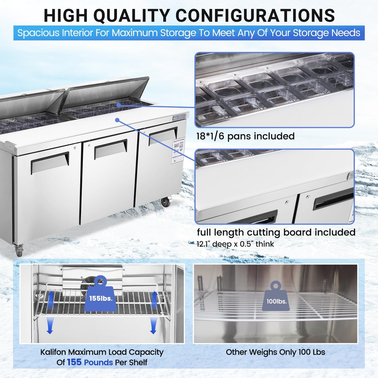 kalifon 72" W 3 Door Refrigerator Sandwich Salad Prep Table Commercial Stainless Steel Fan Cooling Refrigerator with Cutting Board, 3 Shelves & 18 Pans for Restaurant, Bar, Shop-20 Cu.ft