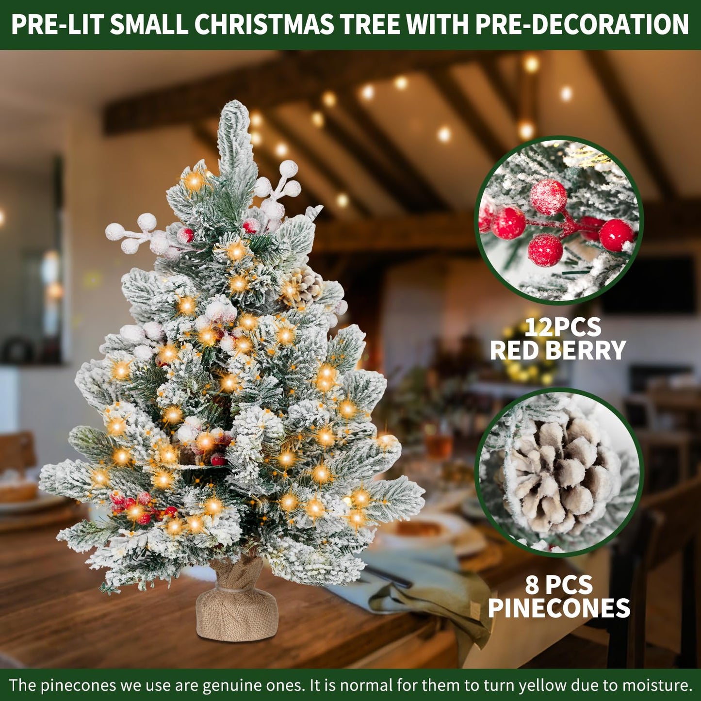 RIDGEPOLE 2FT Pre-lit Mini Christmas Snow Flocked Tree,Tabletop Artificial Christmas Tree with LED Lights, Small Xmas Pine Tree with Cloth Bag Base for Christmas Decor,12 PCS Berry & 8 Pinecones