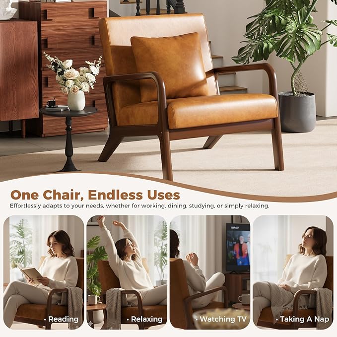 ELUCHANG Mid-Century Modern Chair,Upholstered Accent Chair Reading Arm Chair with Cushion & Lumbar Pillow & Solid Wood Frame for Lounge, Living Room, Bedroom, Office, Brown-PU Leather
