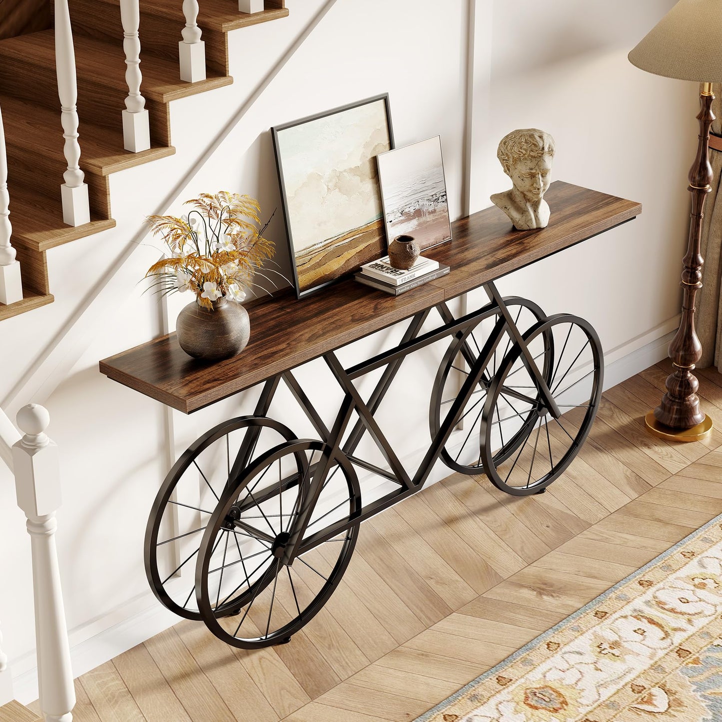 LITTLE TREE Narrow Sofa Table, 70.9-Inch Extra Long Console Table for Living Room, Entryway, with Unique Bicycle Metal Base. Rustic Brown
