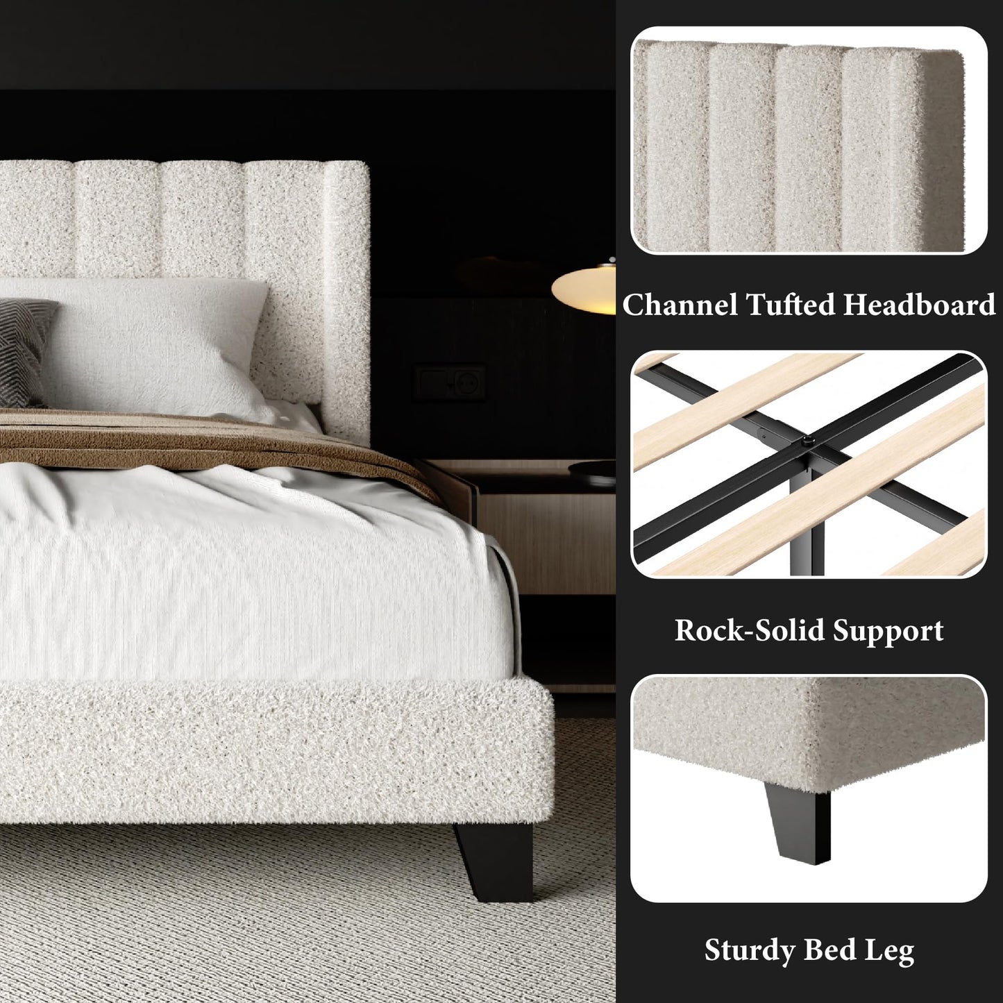 Full Bed Frame with Headboard Upholstered Platform Bed Frame with Teddy Velvet Headboard, Wooden Slats Support/Wing Edge Design/No Box Spring Needed/Easy Assembly, Beige Full