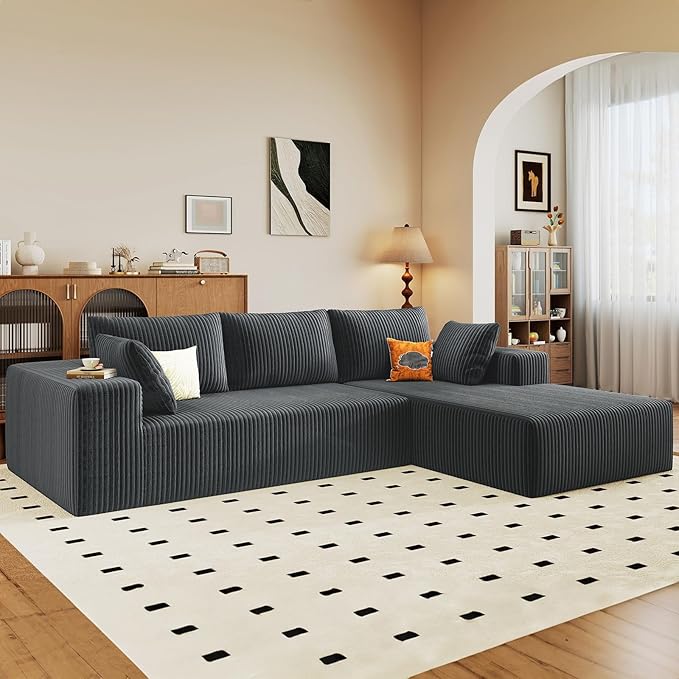 96" Cloud Sectional Couch with L-Shape Chaise, Modern Corduroy Boneless Couch for Living Room,Memory Foam Sofa with Deep Seat,No Assembly Required (Grey,Right-Facing Chaise)