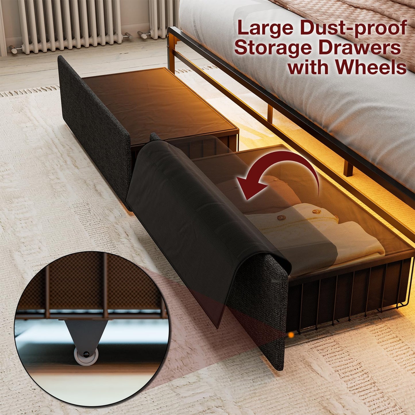 AOVSA Queen Bed Frame with Ergonomic Hidden Storage headboard & Dustproof Drawers, Upholstered Platform Bed with LED Lights and Charging Station, Easy Assembly, No Box Spring Needed, Dark Grey