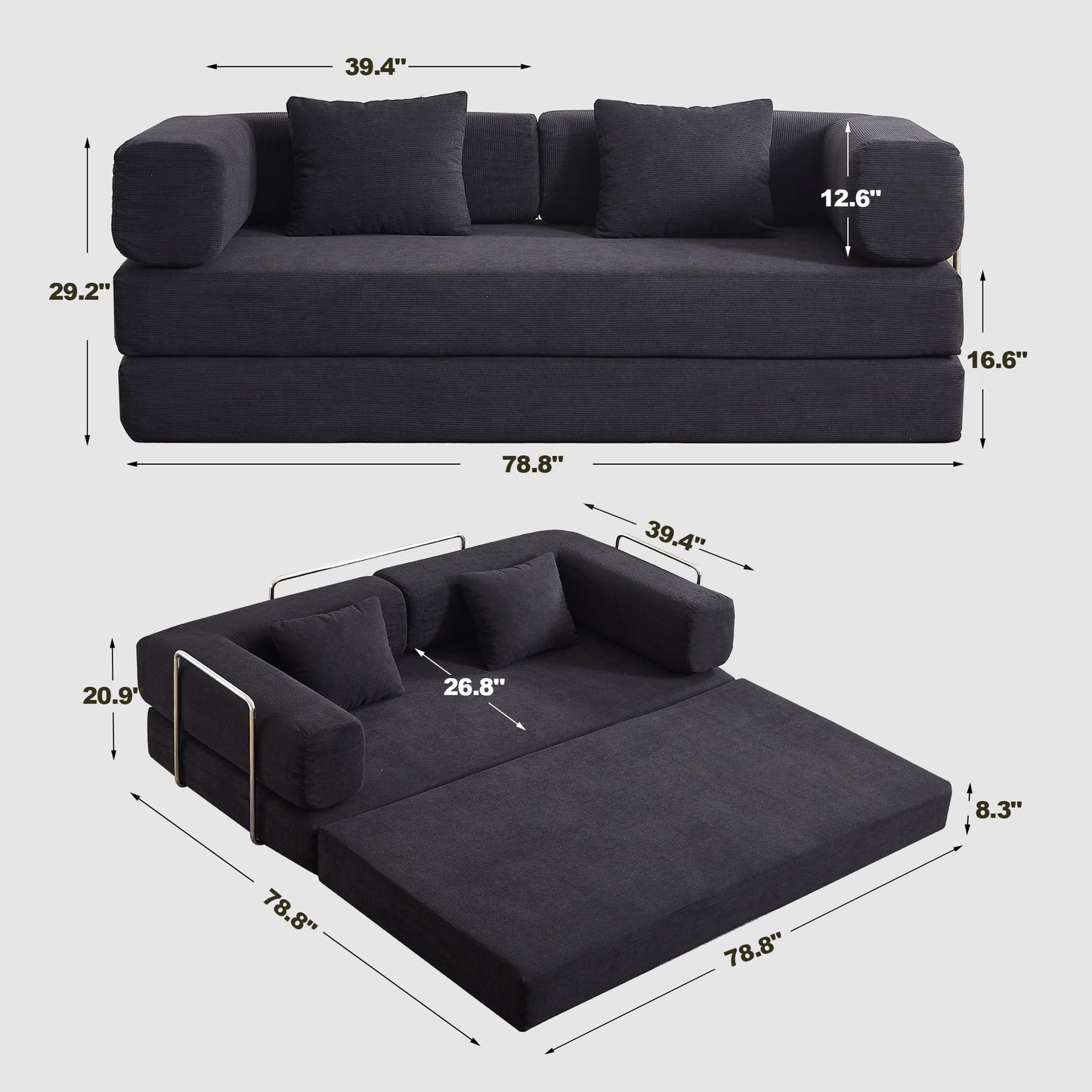 ZEIINPA Comfy Convertible Folding Mattress Couch, Floor Sofa Bed with Fixed-Shape Frame, Corduroy Floor Sofa with Armrest, Floor Sofa Lounge Couch for Living Room Bedroom Lounge Studio,Dark Black