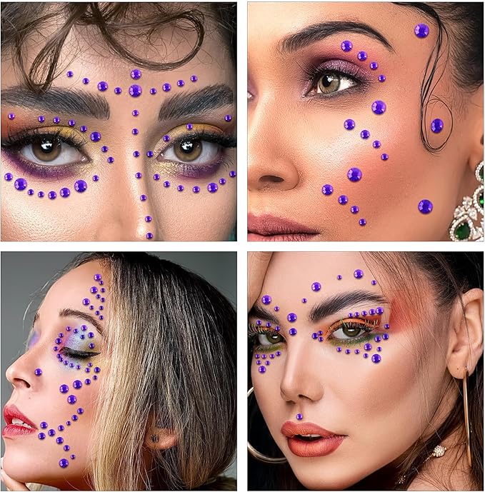591pcs Face Gems Hair Gems Pearls, Self-Adhesive Face Jewels Eye Rhinestones 3/4/5/6/8 mm Face Gem Stick on, Halloween Makeup Gems Rave Accessories for Face Eyes Body Makeup (16.Dark Purple)