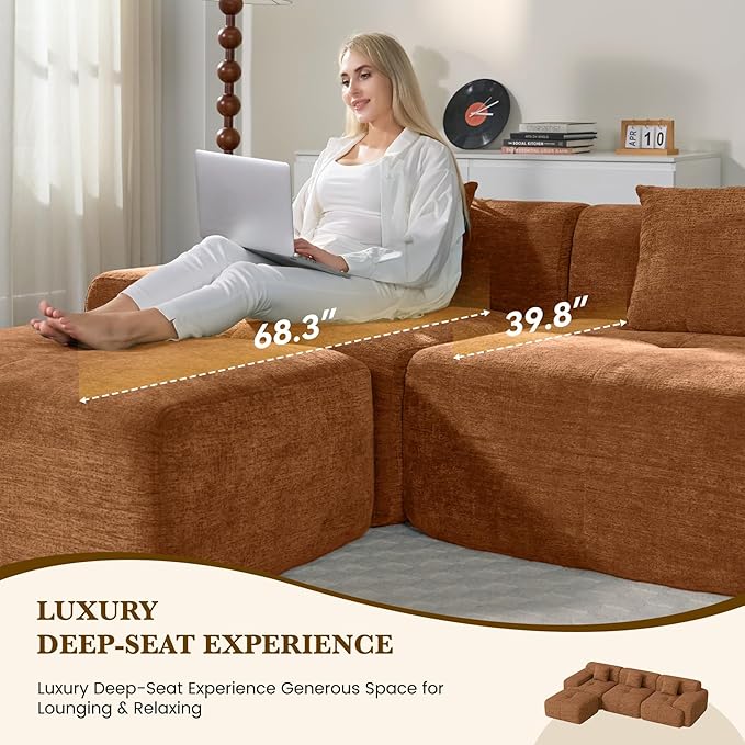 158" U Shaped Convertible Modular Couch, Cloud Couch Sectional with Ottoman, 6-Seater Chenille Boneless Couches for Living Room, Apartment, No Assembly, Orange 1PCS