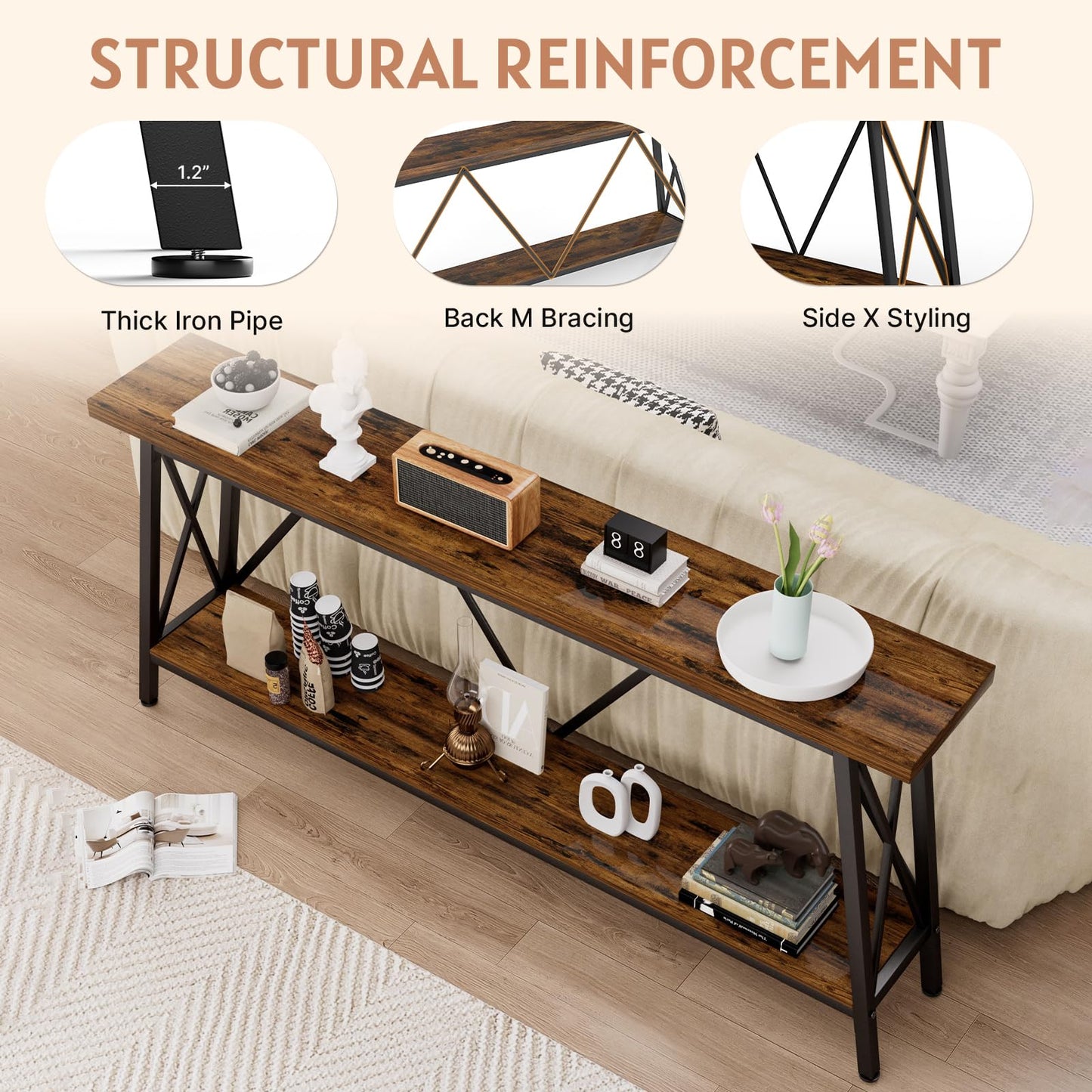 Rovibek 70.9 Inches Extra Long Sofa Table Narrow - Behind Sofa Table with X-Shaped Support, Industrial Console Table Entryway, Hallway Table for Entryway, Living Room, Brown
