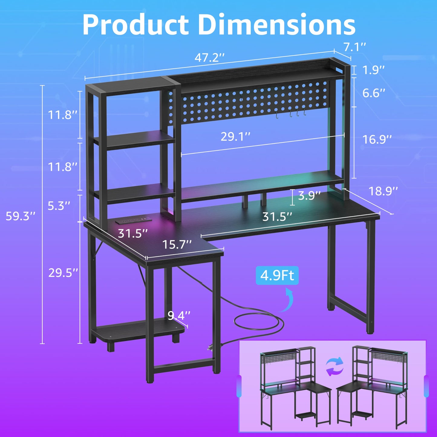 MEUIS L Shaped Gaming Desk with Shelves - 48 inch Corner Computer Desks with Storage Hutch Shelf Reversible Pegboard Led Lights Power Outlets PC Monitor Stand for Bedroom, Black