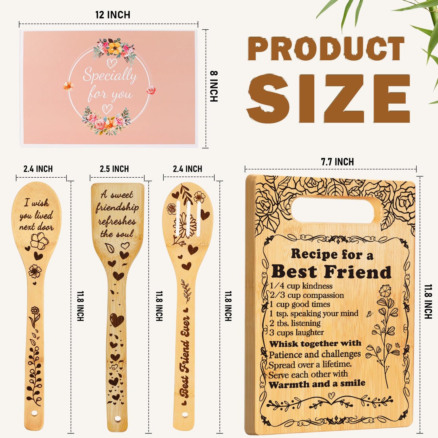 Best Friend Birthday Gifts Cutting Board Set, "Recipe for a Best Friend" Friendship Gifts for Woman Engraved Utensil Friends Gifts for Women Bff Bestie Soul Sister Birthday Mothers Day