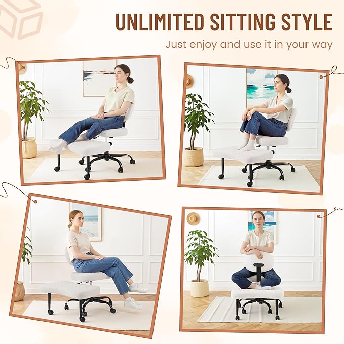 Homall Ergonomic Cross Legged Office Desk Chair with Wheels, 360° Swivel and Adjustable Height for Meditation and ADHD,Criss Cross Kneeling Chair with Lumbar Support (Teddy Fabric, White)