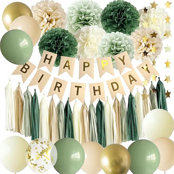 ANSOMO Sage Green Happy Birthday Party Decorations Retro Green Nude Ivory Dark Olive Kraft Paper Banner Balloons Neutral R...