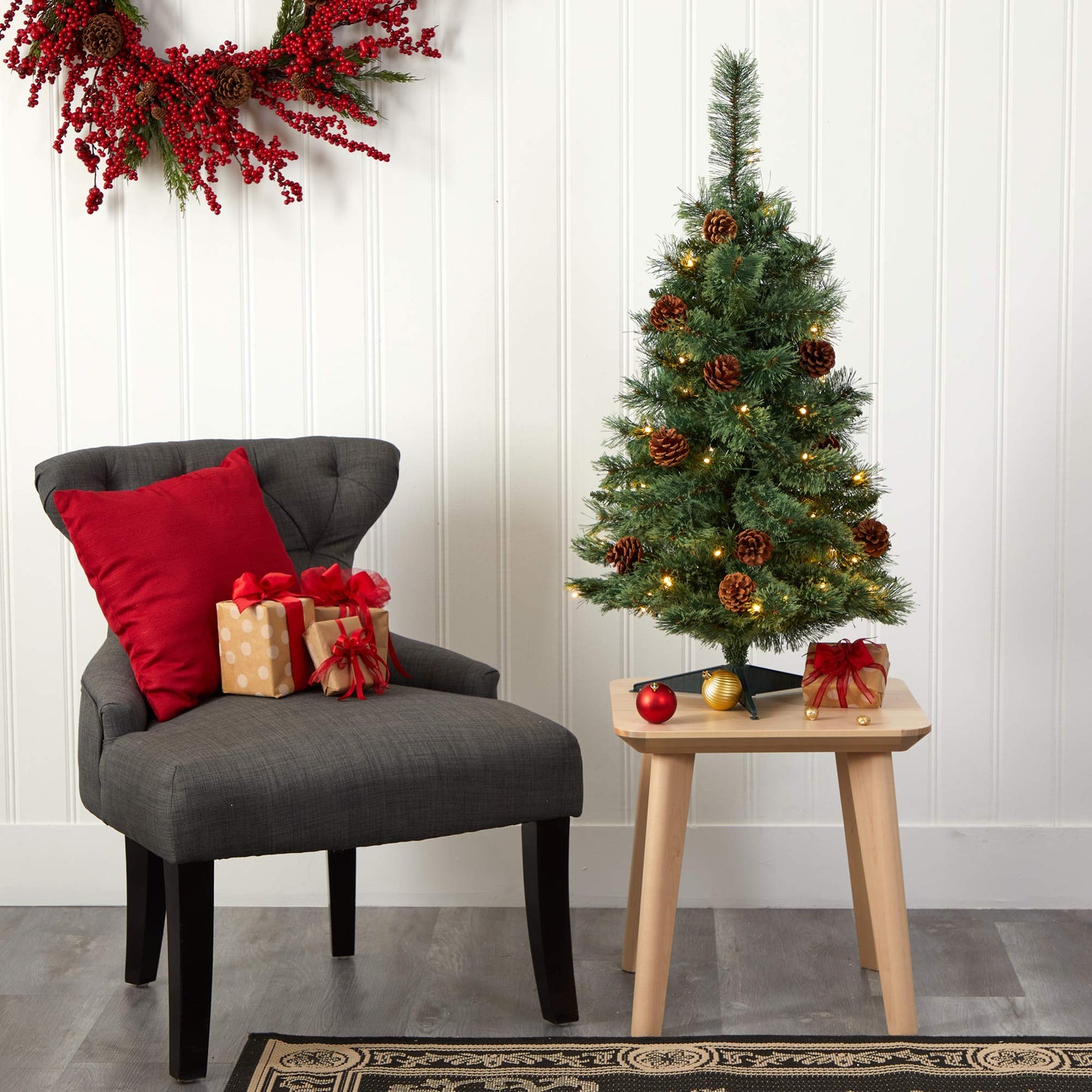 Nearly Natural 3ft. White Mountain Pine Artificial Christmas Tree with 50 Clear LED Lights and Pine Cones