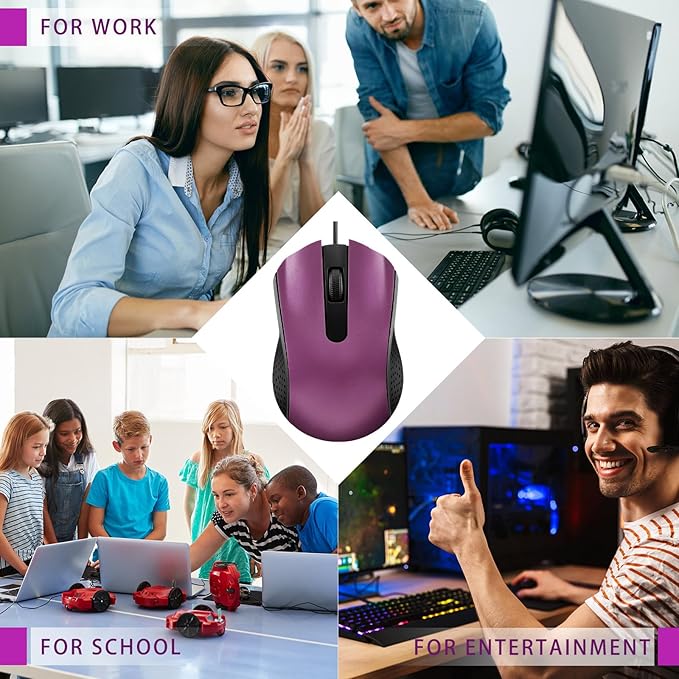Bonuci 30 Pack USB Wired Mouse 3 Button Corded Computer Mice Bulk USB Mouse for PC Desktop, Laptop, Office, School, Classroom Use(Purple)