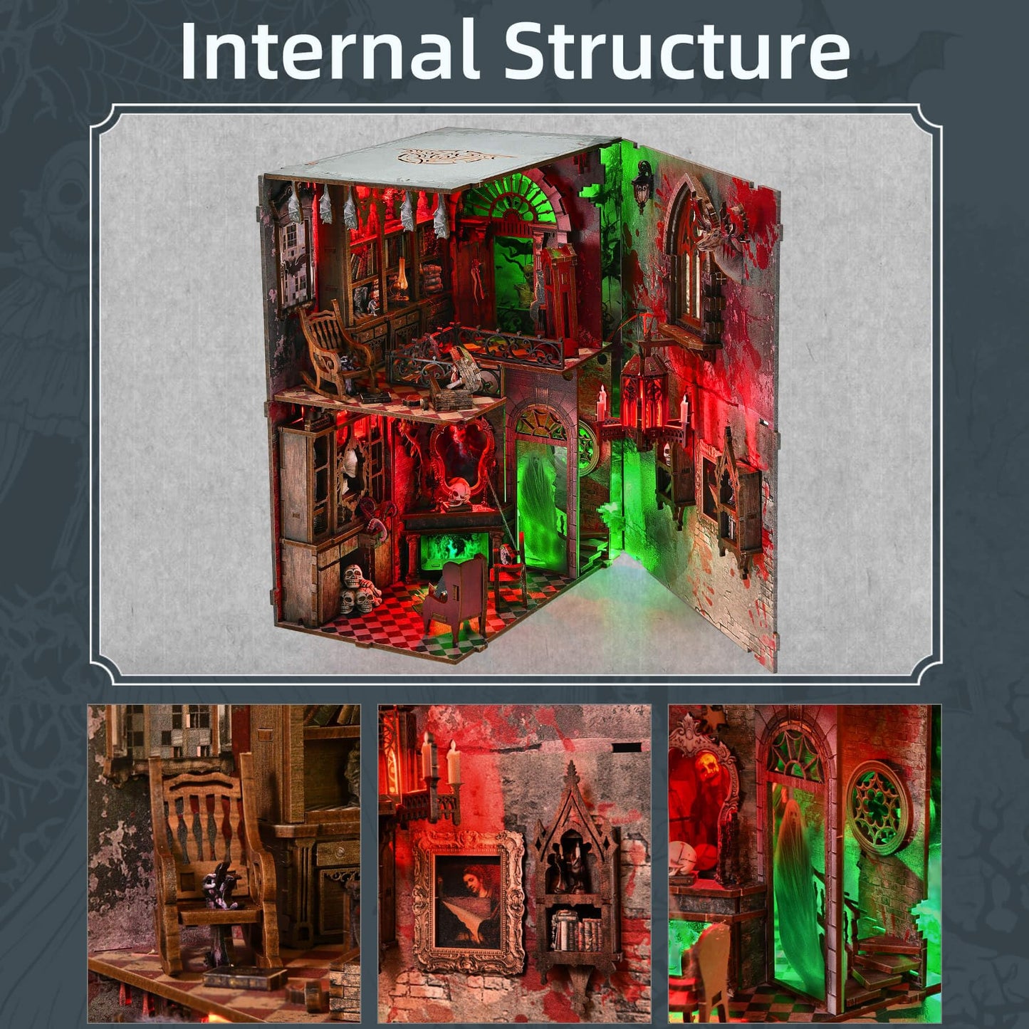 fifijoy Haunted Horror Book Nook Kit, DIY Miniature Dollhouse Halloween Booknook Kit, Spooky Creepy Scary 3D Wooden Puzzle Bookend Bookshelf Insert Decor with LED Light (Haunted Mansion)