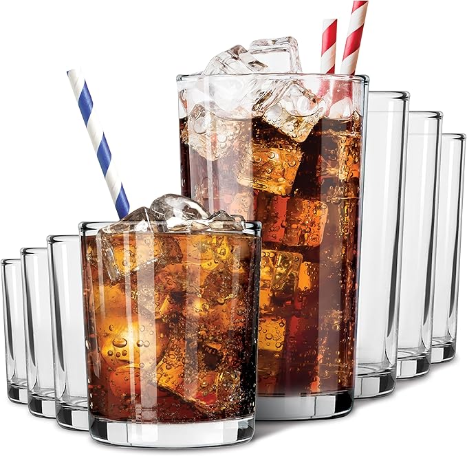 Clear Plastic Drinking Glasses (8 Piece) Shatter Proof Acrylic Drinkware Cup Set 12 & 16oz Combo Pack For Home, Outdoors R...