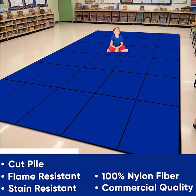 Kids Carpet Blocks Seating Classroom Rug Blue with 24 Squares, 7'6" x 12' Rectangle Educational Rug for Home or School Learning Area | Area Rug for Kids