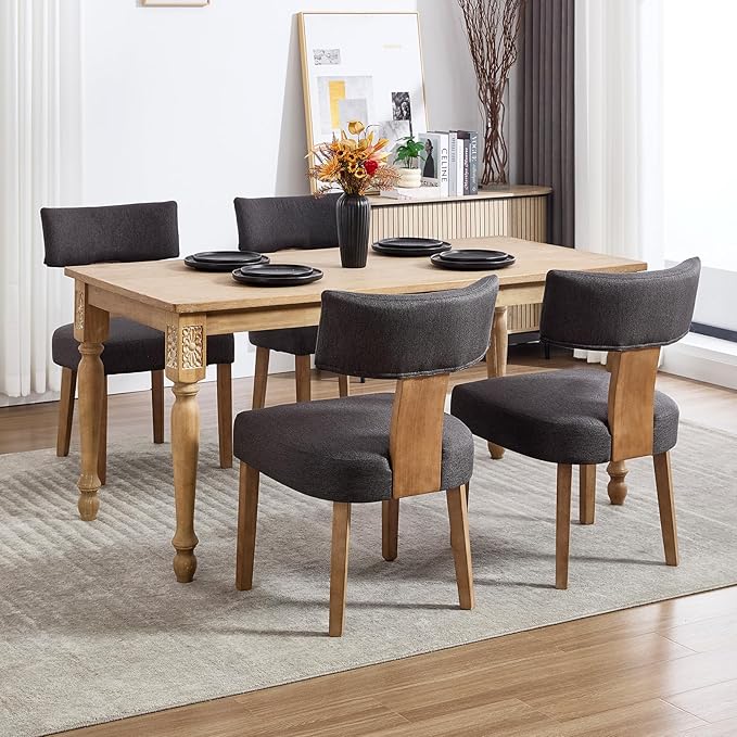 KHISCHMO Mid Century Modern Dining Chairs Set of 4, Upholstered Linen Fabric Chairs with Curved Backrest and Wood Legs, Comfy Kitchen Vanity Chair for Dining Room/Living Room/Kitchen, Grey