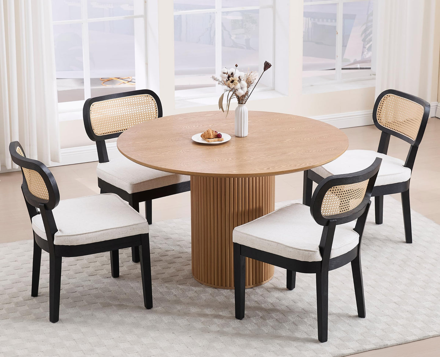 EALSON Mid Century Modern Rattan Dining Chairs Set of 4 Farmhouse Black Wood Kitchen Chairs with Cane Back Linen Upholstered Accent Armless Chairs for Dining/Living Room Restaurant, Beige