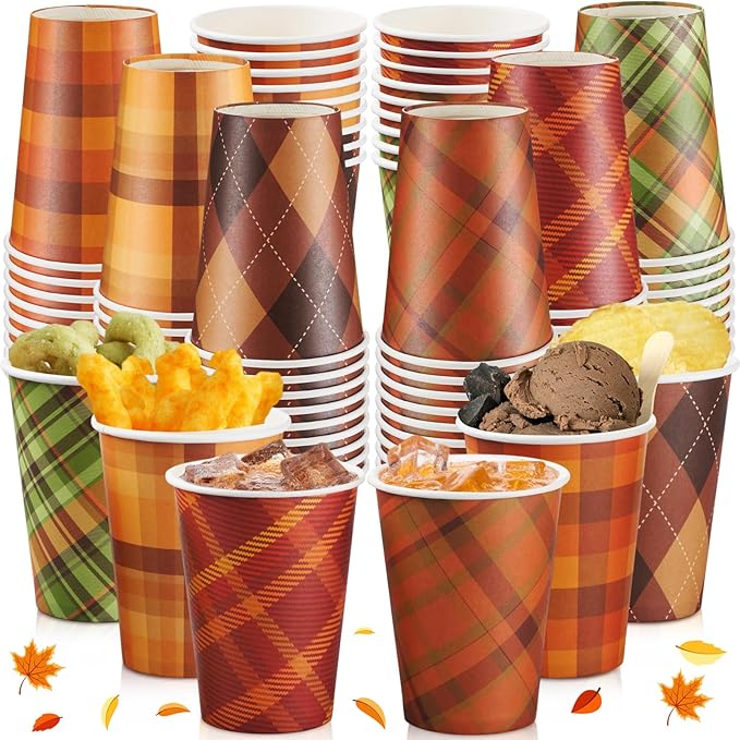 LemonRoad 60 Pcs Fall Disposable Coffee Cups Thanksgiving Checkered Paper Drinking Cups for Hot and Cold Beverage Thanksgi...