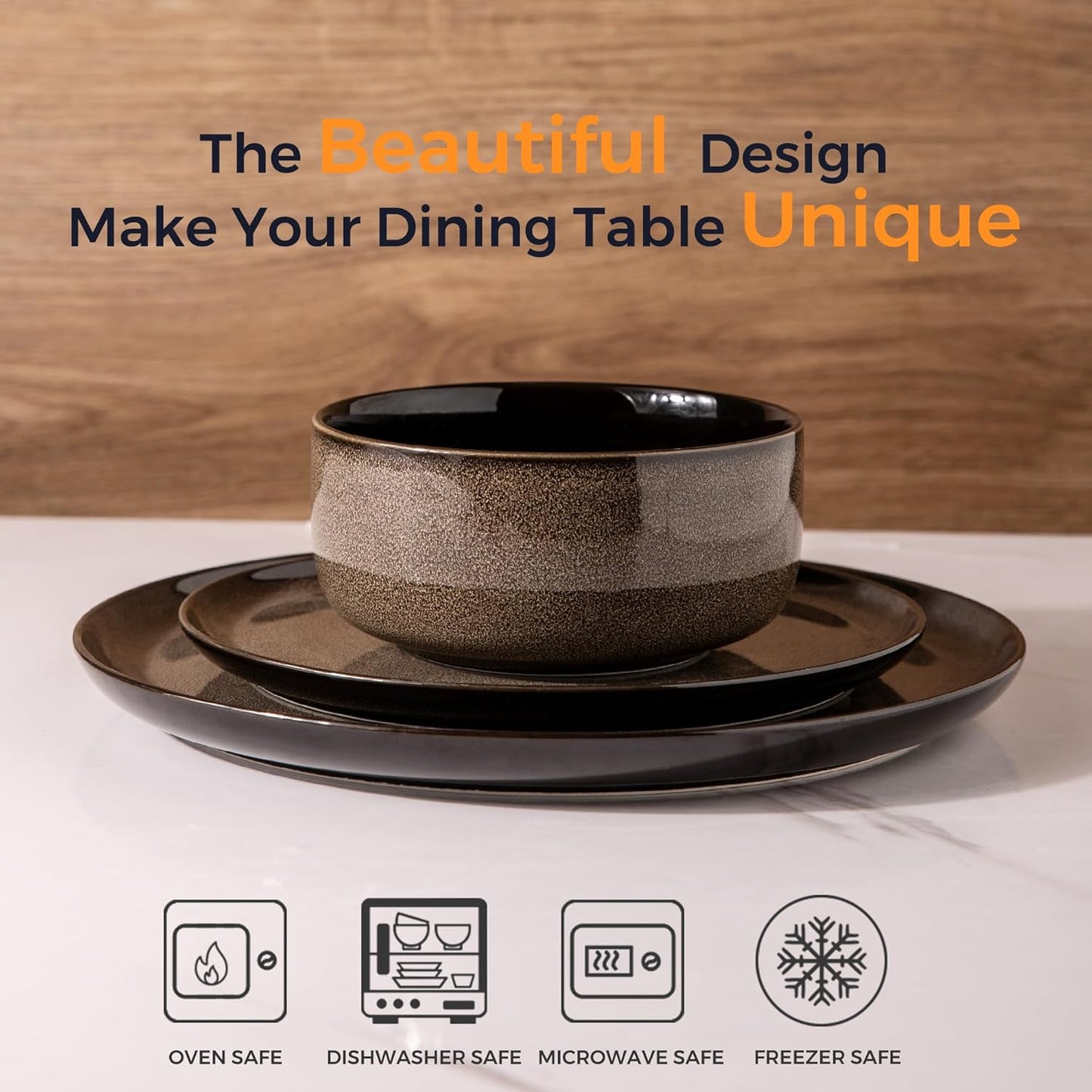 LeRATIO Ceramic Dinnerware Set of 4, Poreclain Plates, Bowls, Handmade Reactive Glaze Dishes, Chip Resistant, Oven & Dishwasher Safe, Service for 4-Chestnut