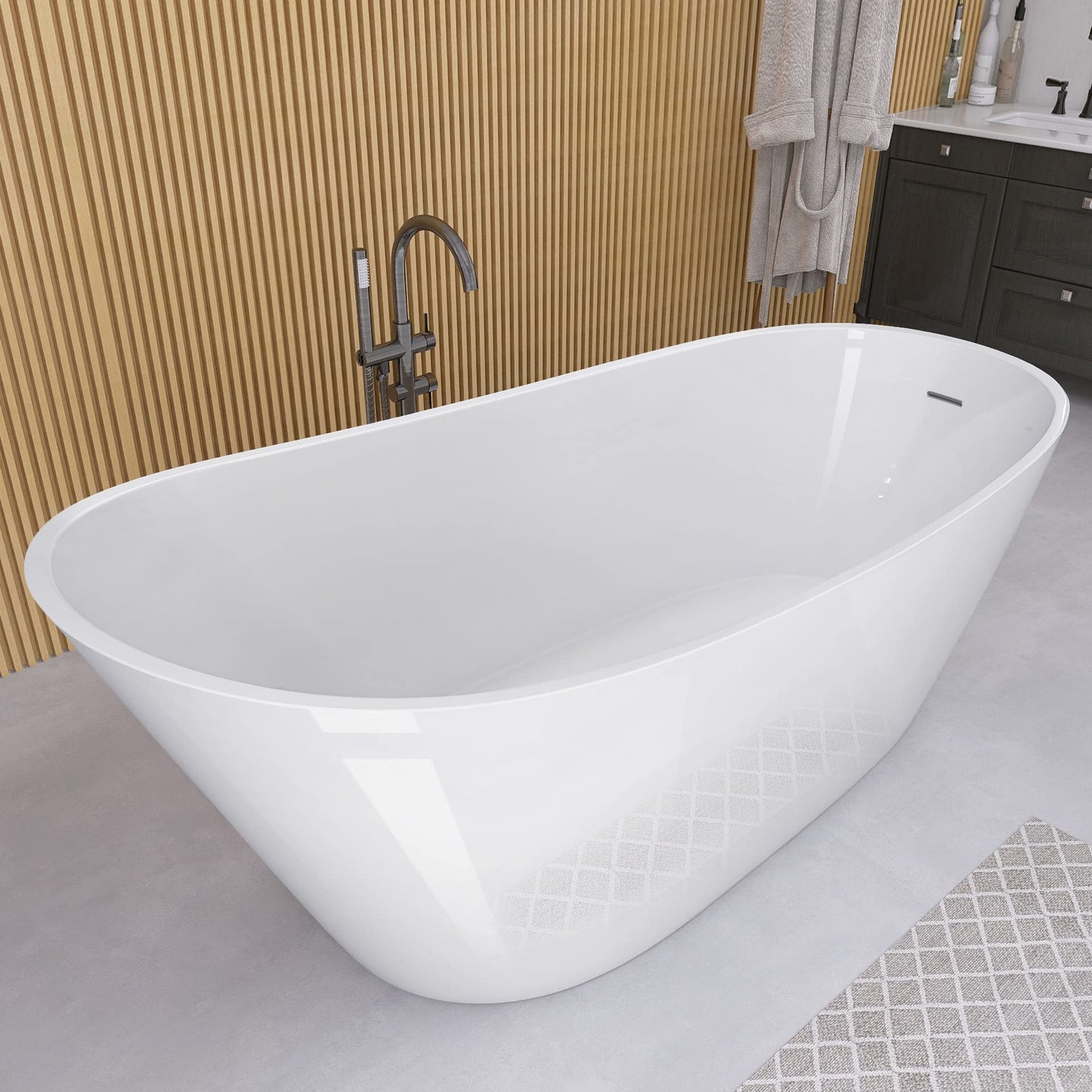 GETPRO Free Standing Tub 59" Acrylic Freestanding Bathtub, Adjustable Soaking Bath Tub Oval Shape with Integrated Slotted Overflow and Chrome Anti-clogging Drain Glossy White
