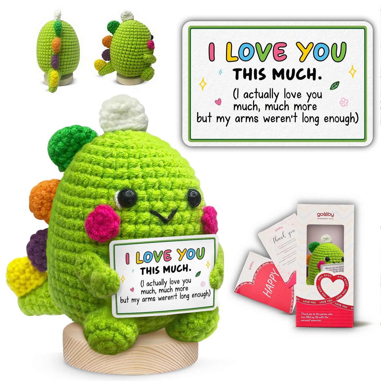 Gossby Handmade Positive Dinosaur Crochet - I Love You This Much - Gift for Husband, Boyfriend - Romantic Anniversary, Valentines, Xmas, Birthday Gift for Him from Wife, Girlfriend - Knitted Decor