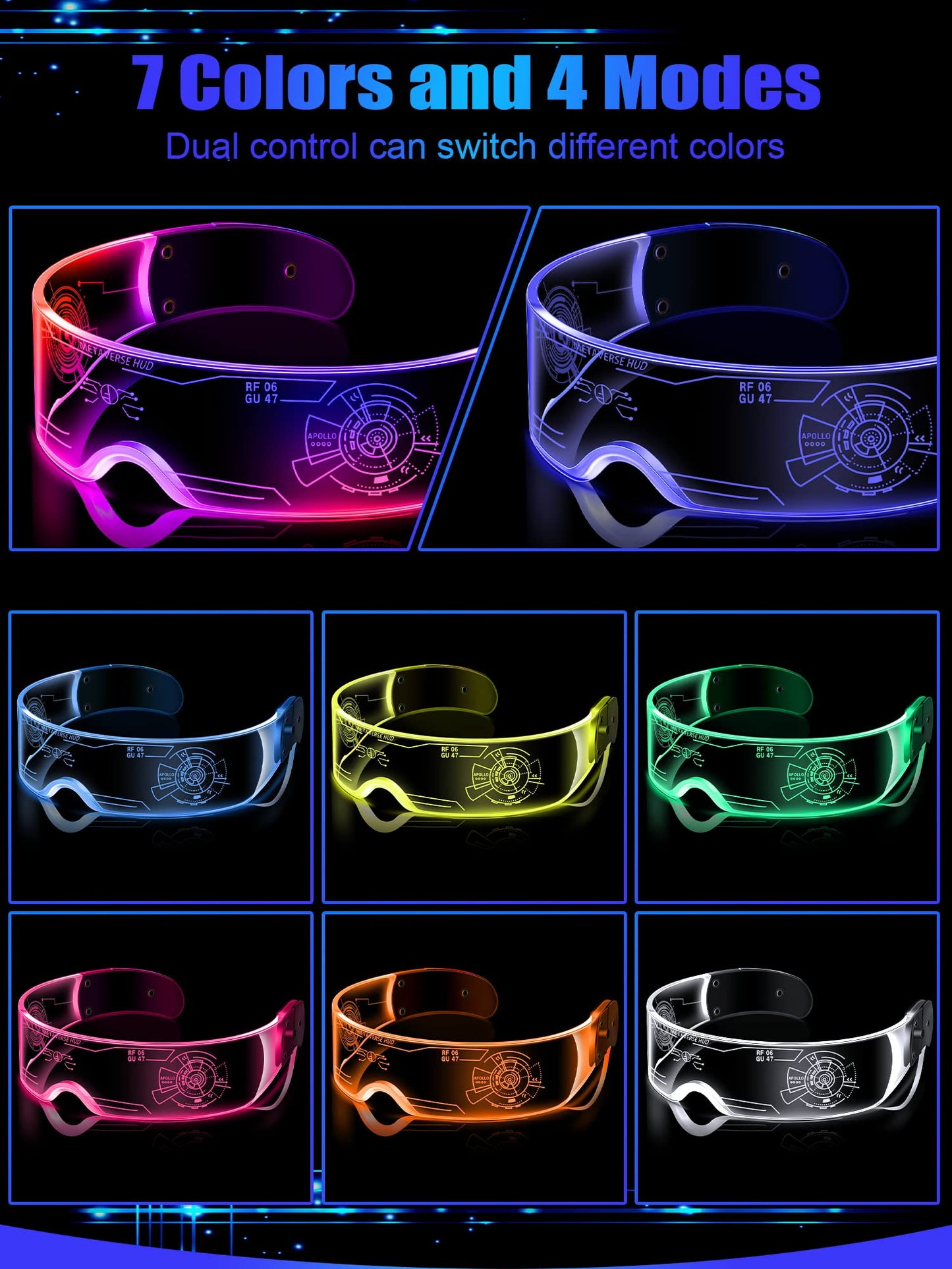 TOODOO 2 Pairs LED Visor Glasses 7 Colors Futuristic Glasses Light up Punk Accessories for Rave Party Costume(Attractive Style)