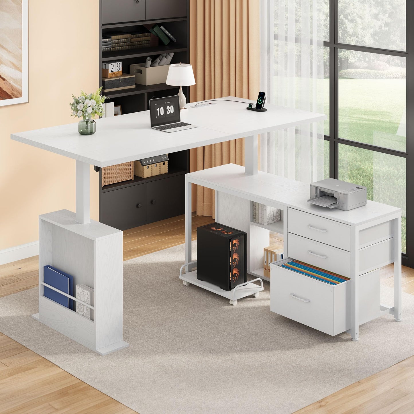 Homiflex 63 Inch L Shaped Desk with 3 Drawers Electric Standing Desks with Storage Computer Table Adjustable Height with Power Outlets 4 Memory Presets for Home Office, White