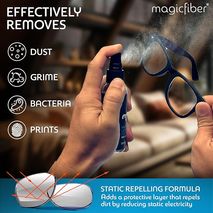 MagicFiber 10 PK Glasses Kit - 2 Eyeglass Cleaner Sprays + 8 Microfiber Cleaning Cloths - Premium Eye Glass Cleaners Spray and Glasses Wipes - Lint-Free Lens Microfiber Cleaning Cloth