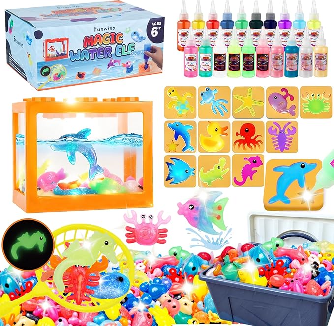 Magic Water Elf Toy Kit with Aquarium, Aqua Fairy Water Gel Kit Toys with 20 Non-Toxic Magic Gels & 12 Sea Animal Molds, D...