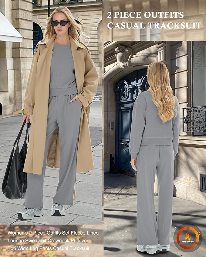 Sweetyweee Women's 2 Piece Outfits Set Fleece Lined Lounge Sweatsuit Crewneck Pullover Top Wide Leg Pants Casual Tracksuit