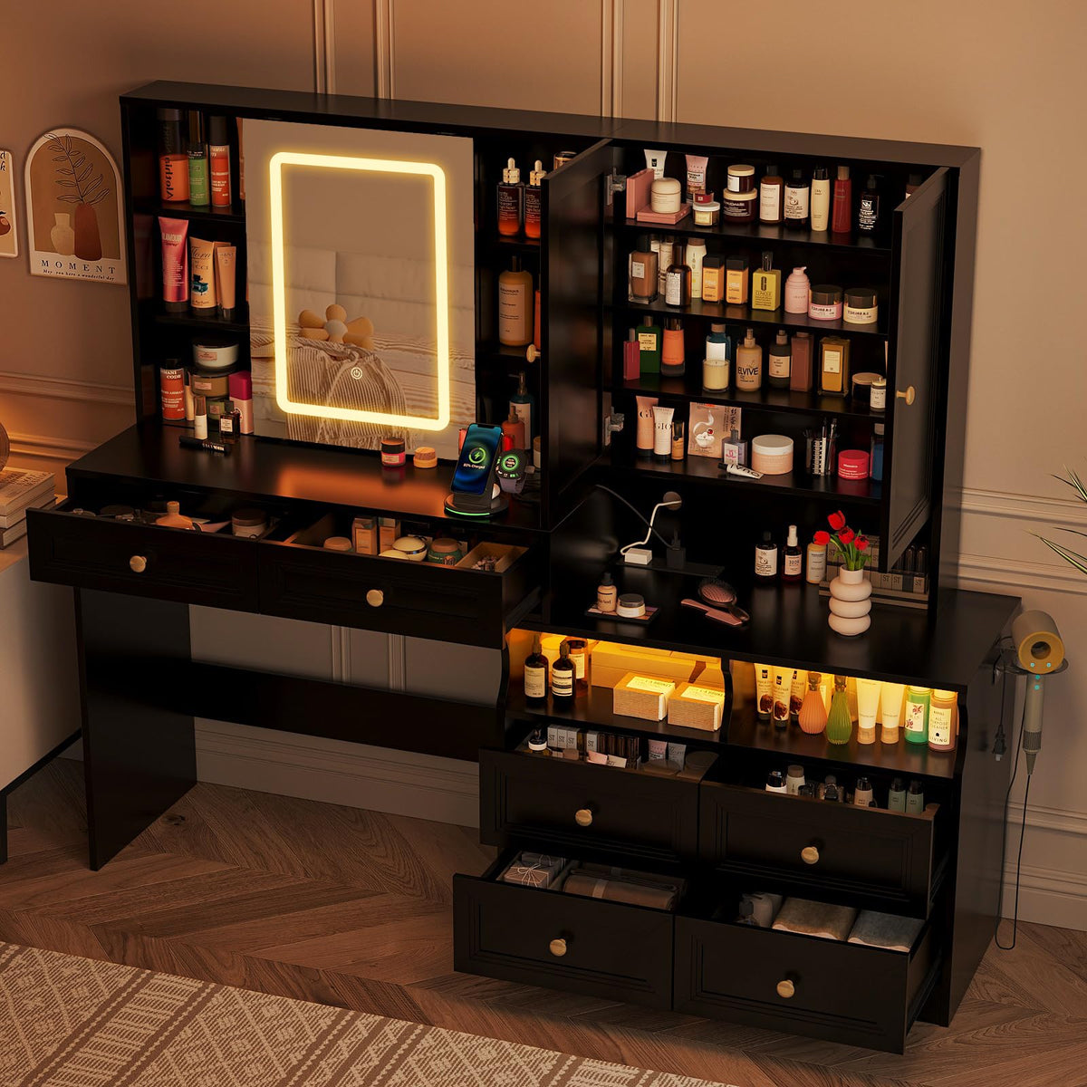 Vabches 58.6" Large Vanity Desk with Sliding Mirror & Lights, Black Makeup Vanity Table & Nightstand Combo with Power Outlet and 6 Drawers 15 Shelves with Light Strips for Bedroom Dressing Room
