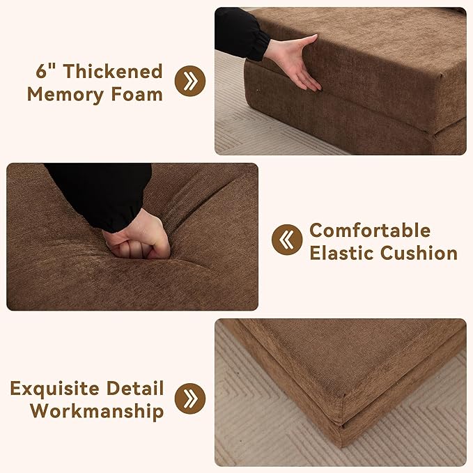 WUTUTUEE Folding Sofa Bed Convertible Floor Couch Foldable Chair Bed with Pillow，Linen Sleeper Chair Futon,Foldable Memory Foam Mattress for Bedroom/Living Room/Dorm/Office (Brown, Standard)