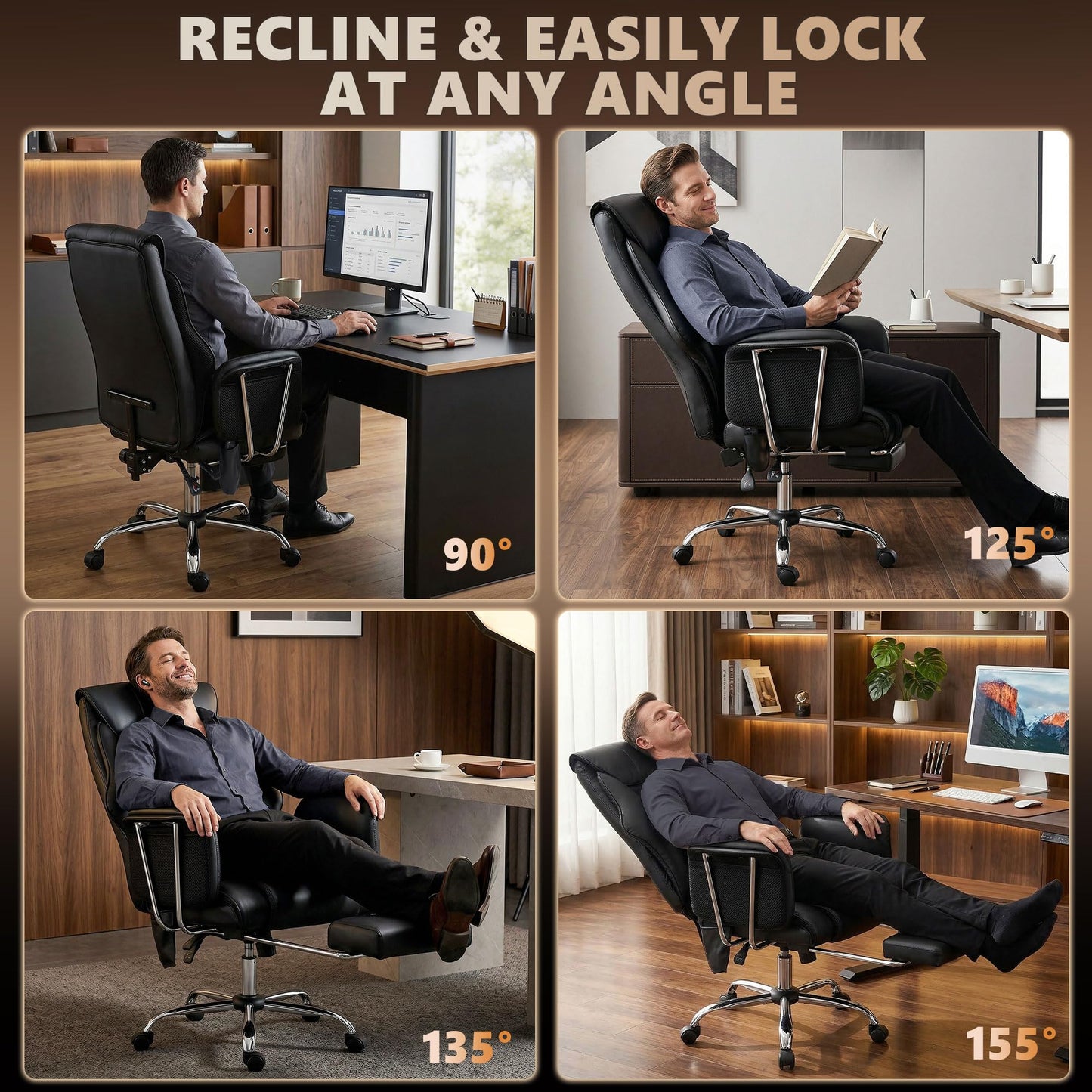 HOMCOM Massage Office Chair with 6-Point Vibration, Overstuffed Reclining Desk Chair with High Back, PU Leather, Footrest, Thick Spring Cushion, Lumbar Support, Adjustable Height, Swivel Wheels, Black