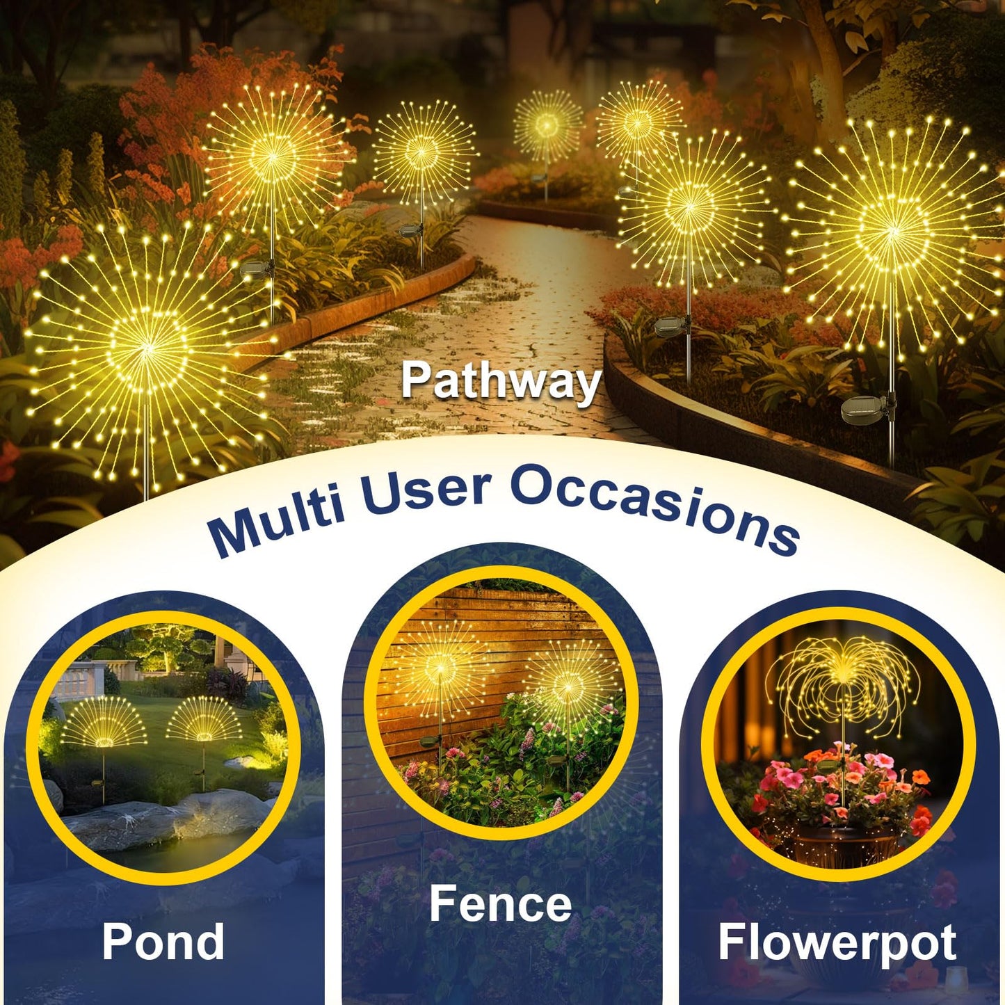 Solar Garden Lights Outdoor, 4 Pack 120 LED Twinkling Firework Lights Decorative with 2 Modes, Outdoor Waterproof Solar Starburst Light for Outside Yard Pathway Garden Decor, Warm White