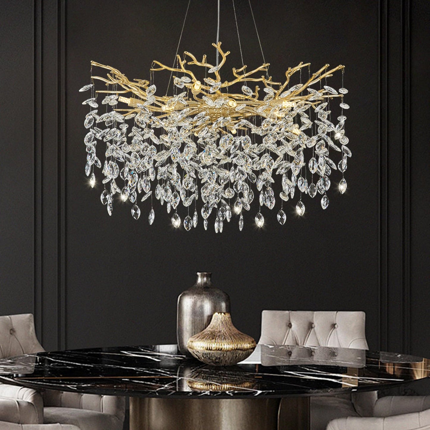NIUZDU Gold Crystal Tree Branches Chandelier,23" Modern Round Crystal Chandeliers for Dining Room, K9 Crystal Lighting Fixture Chandelier for Bedroom, Living Room, Foyer,Kitchen Island,Bathroom
