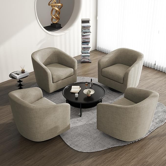 UIXE Swivel Barrel Accent Chairs Set of 2, Fabric Upholstered Armchair Modern Round Club Arm Chair for Living Room, Comfy Single Sofa Seating Bedroom Side Reading Seat for Home Office - Light Brown
