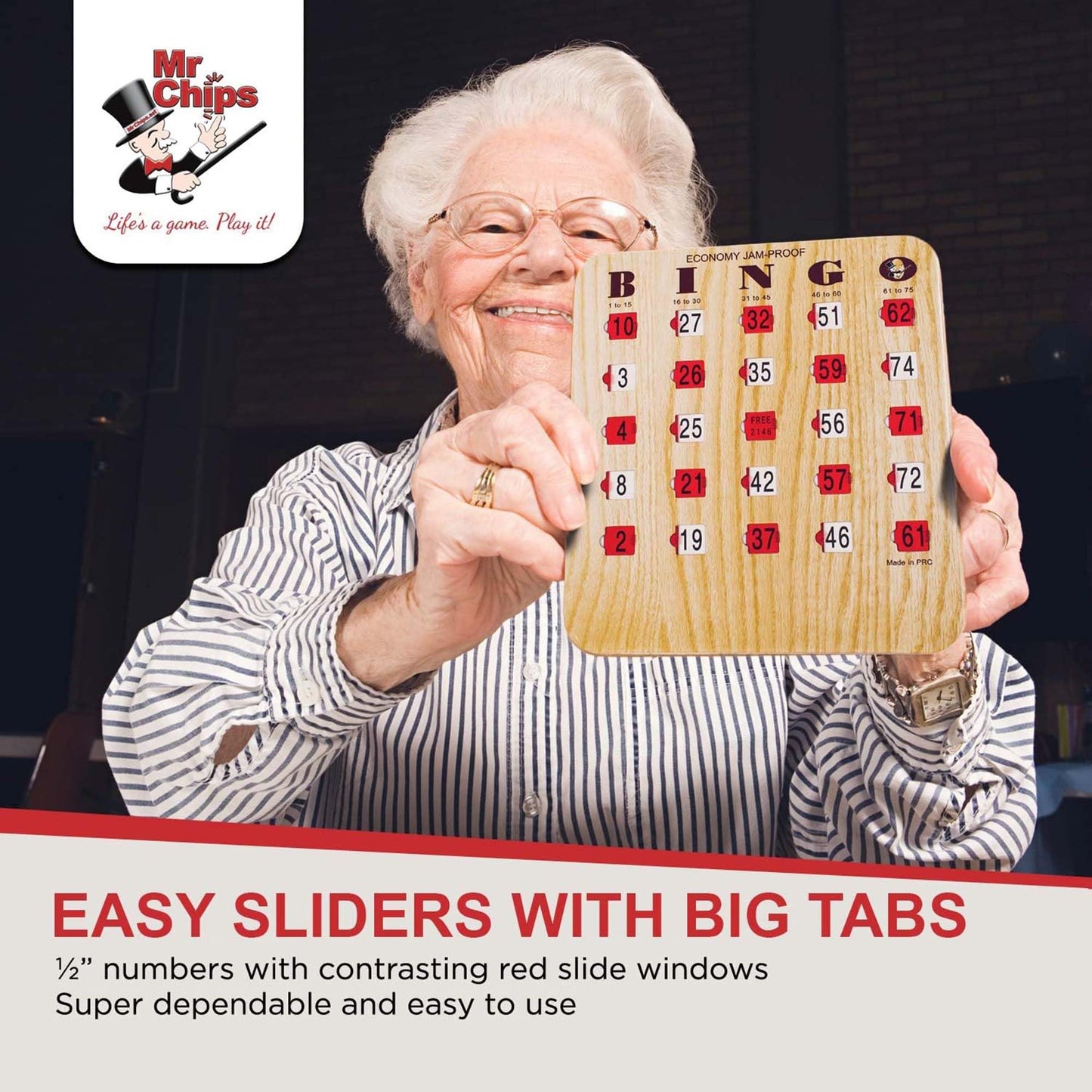 MR CHIPS Jam-Proof Bingo Cards with Sliding Windows, 25 Reusable Shutter Cards, 75 Calling Cards 1 Master Board in Tan Woodgrain Style