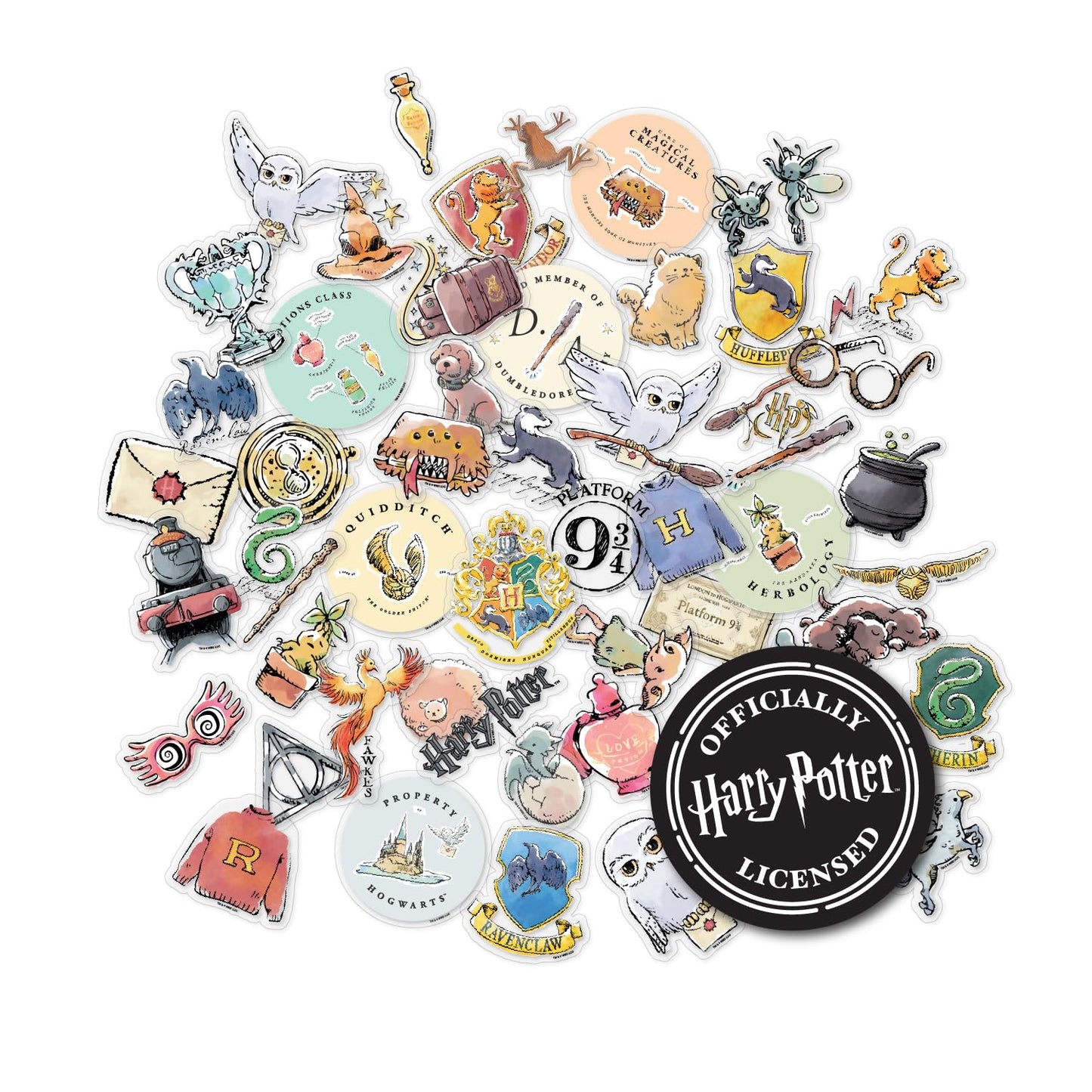 Harry Potter Watercolor Clear Vinyl Decal Stickers, Waterproof, UV & Scratch-Resistant, Sticker Decals for Laptops, Water Bottles, Journals, Kindles & More, Officially Licensed (Transparent, 50-Pack)